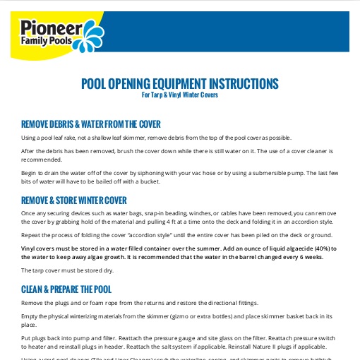 Pool Opening Equipment Instructions
